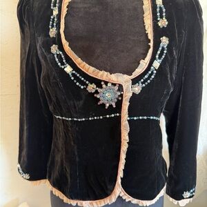 Nanette Lepore Black Velvet Blazer with Pink Trim & Beaded Accents